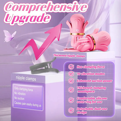 Silicone Vibrating Nipple Clamps with 10 Modes and Manual Suction Stimulation