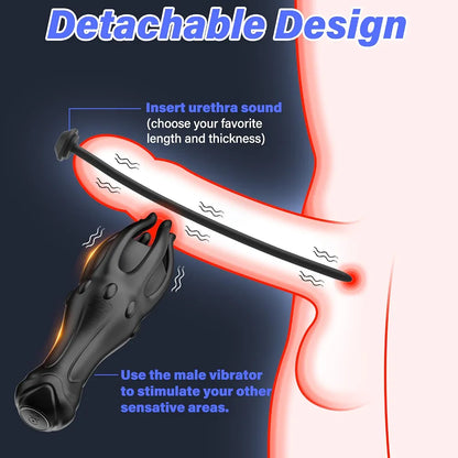 10-Mode Vibrating Penis Stimulator and 6-Piece Urethral Sound Set for Men