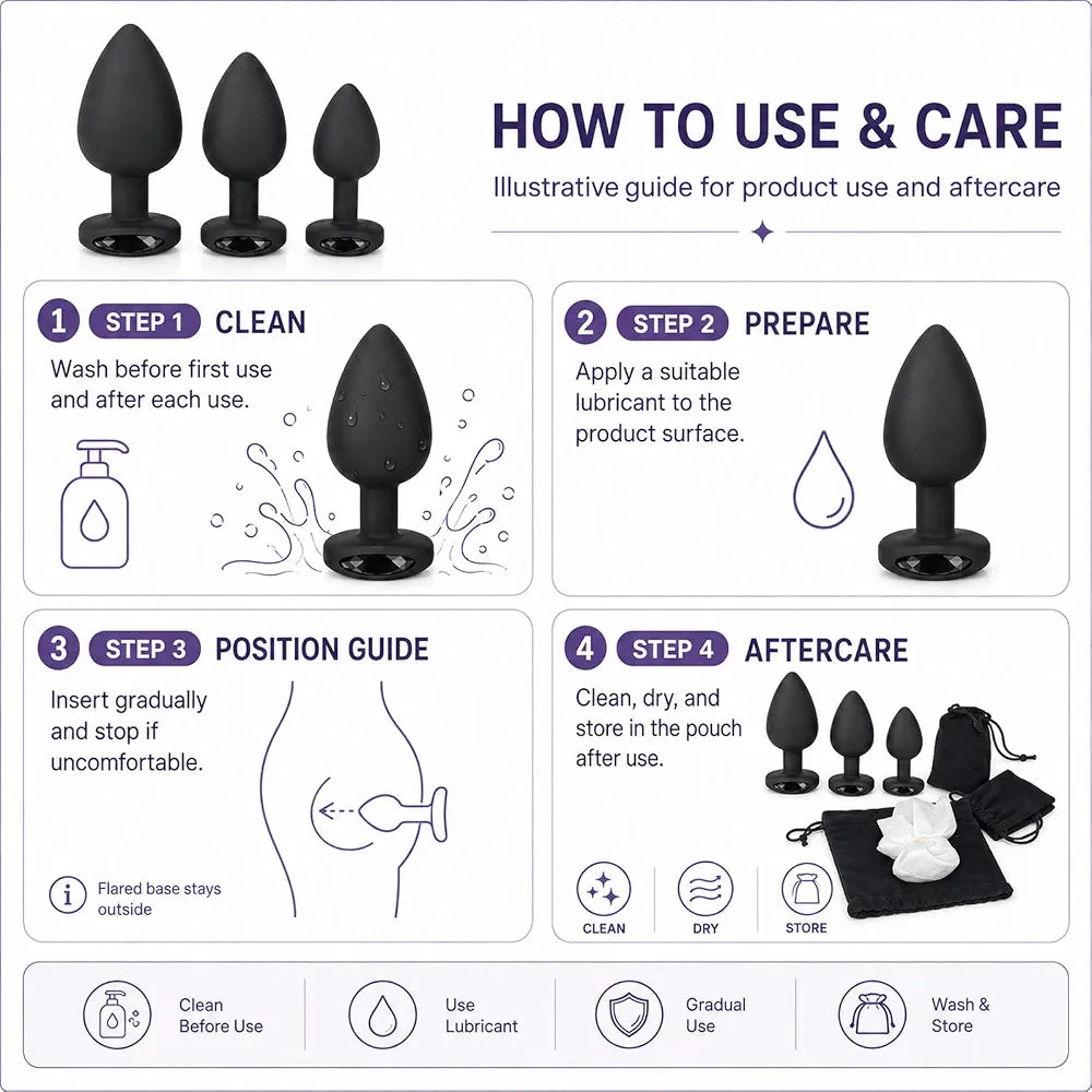 Premium 3-Piece Black Silicone Anal Training Plug Set with Decorative Gemstones