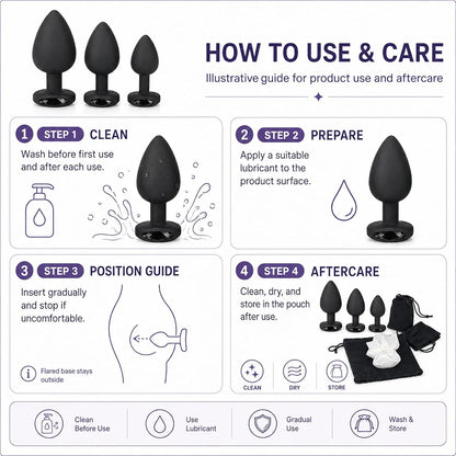 Premium 3-Piece Black Silicone Anal Training Plug Set with Decorative Gemstones