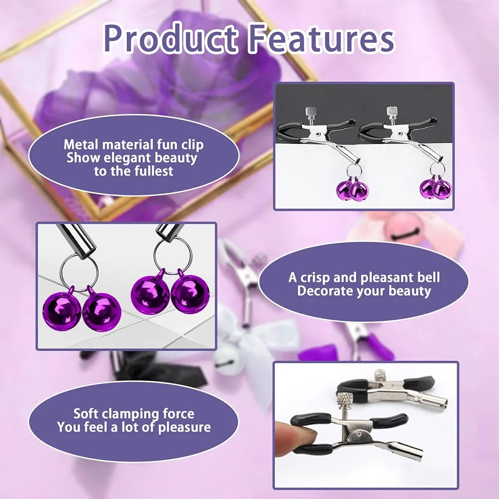 Adjustable Metal Nipple Clamps with Bells for Sensory Play and Teasing