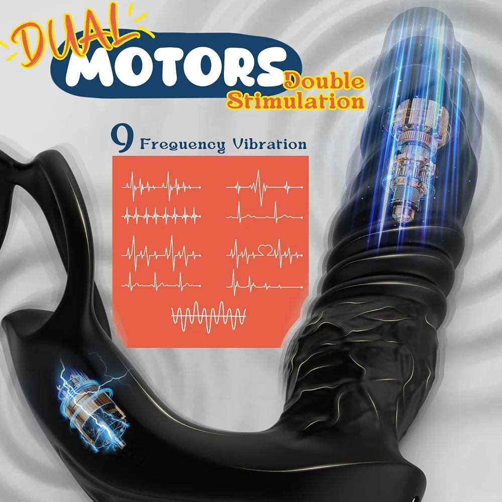 Advanced Dual-Motor Prostate Massager with Thrusting Dildo and App-Controlled Vibrating Cock Ring