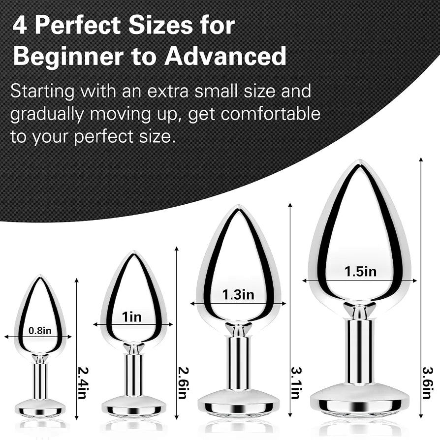 4-Piece Stainless Steel Graduated Anal Training Plug Set with Crystal Base