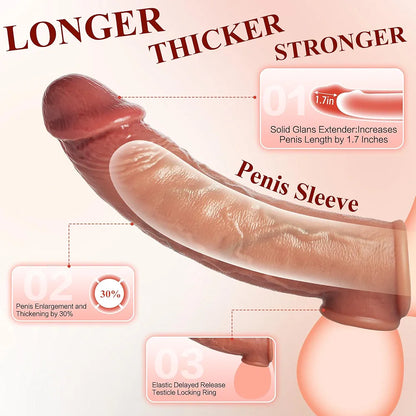 Realistic Penis Sleeve Extender for Men, 8.3'' Silicone Cock Sleeve with Testicle Ring, Reusable Penis Enlarger Delay Ejaculation Enhance Erection Male Adult Sex Toys for Couples by WIEUL Flesh