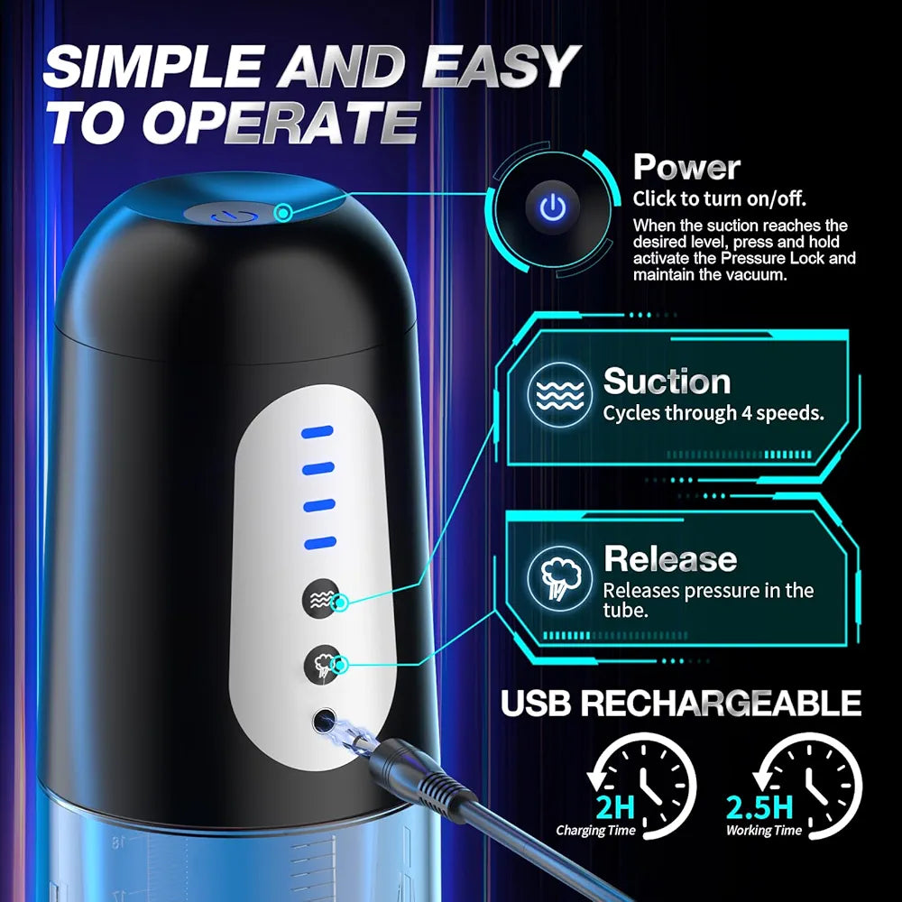 Electric Penis Pump Sex Toys - Automatic Penis Extender Enlargement Pump with 4 Suction Intensities, Digital Display Rechargeable Men Training Adult Sex Toys - Pumps & Enlargers 6 Cock Rings