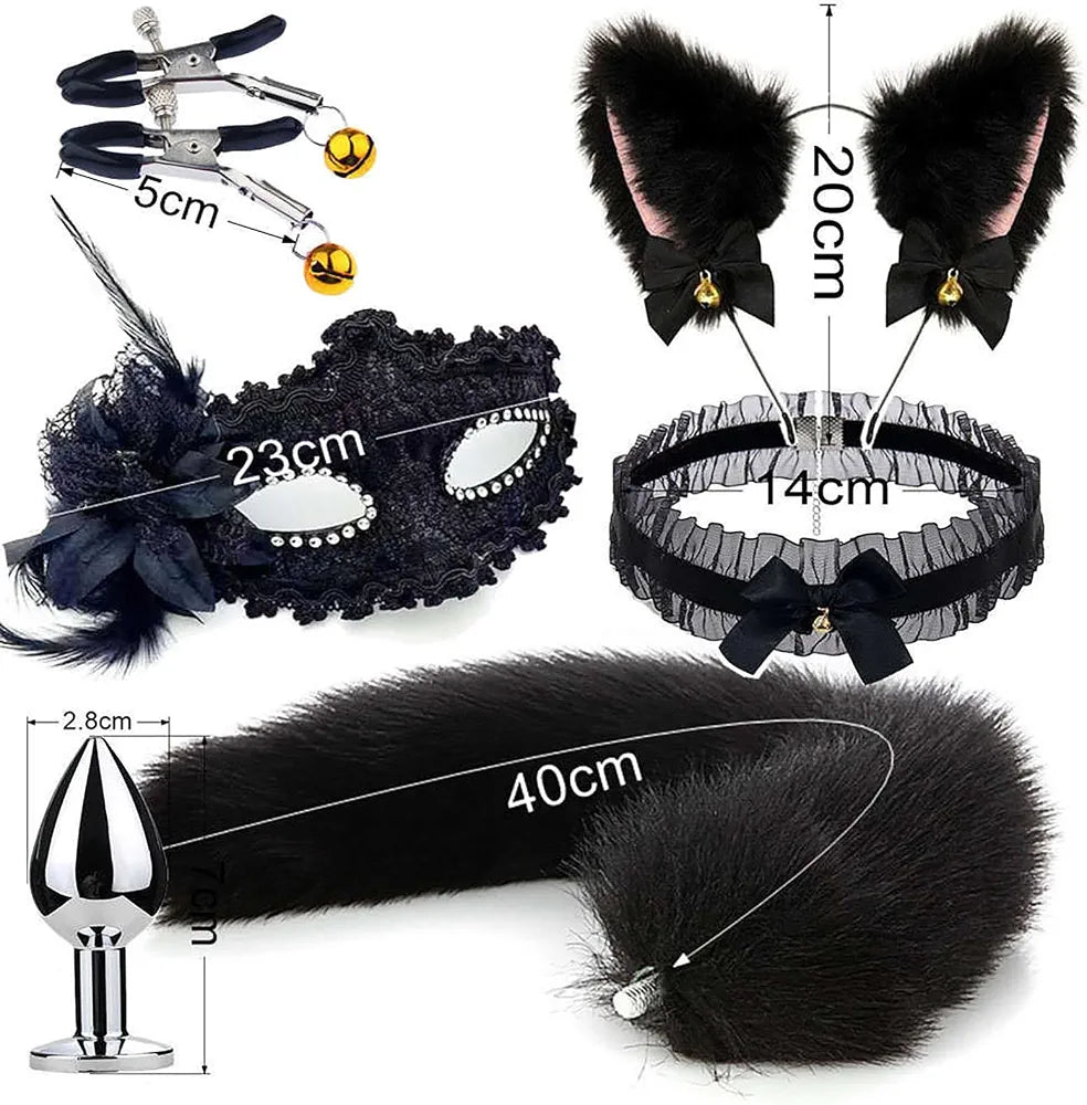 5-Piece Premium Silicone Anal Training Kit with Cat Ear Headband and Nipple Clamps