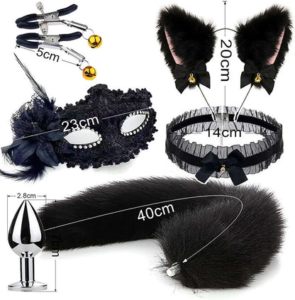5-Piece Premium Silicone Anal Training Kit with Cat Ear Headband and Nipple Clamps