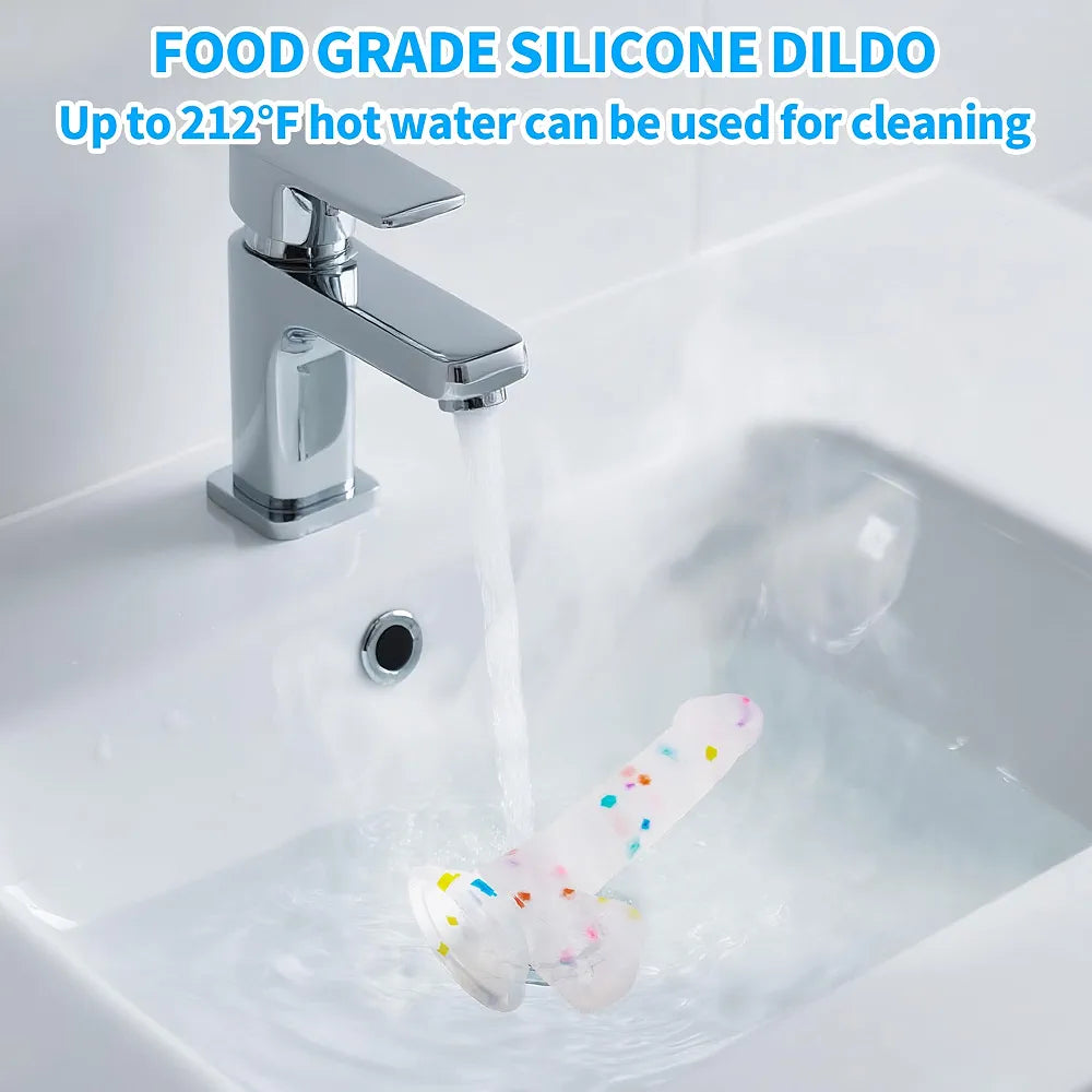 6.5 Inch Flexible Confetti Clear Silicone Dildo with Suction Cup Base for G-Spot and Prostate Stimulation