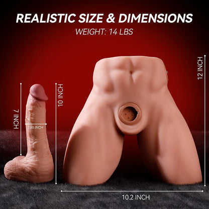 Realistic 14LB Male Torso Sex Doll for Women with Removable Silicone Dildo, 7 Thrusting & Vibrating Modes, Flexible Skeleton, Hands-Free Riding, Anal Channel - Adult Couples Toy