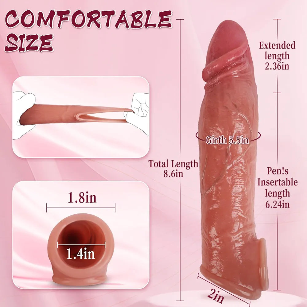 Realistic Penis Sleeve Sex Toys for Men, Reusable 8.6'' Silicone Cock Sleeve Enlarger with Thickened Testicle Penis Ring, Delay Ejaculation Enhance Erection Penis Extender Male Couples Adult Toys