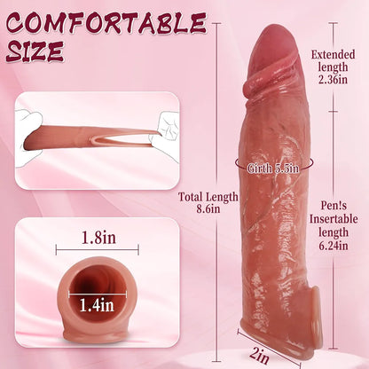 Realistic Penis Sleeve Sex Toys for Men, Reusable 8.6'' Silicone Cock Sleeve Enlarger with Thickened Testicle Penis Ring, Delay Ejaculation Enhance Erection Penis Extender Male Couples Adult Toys