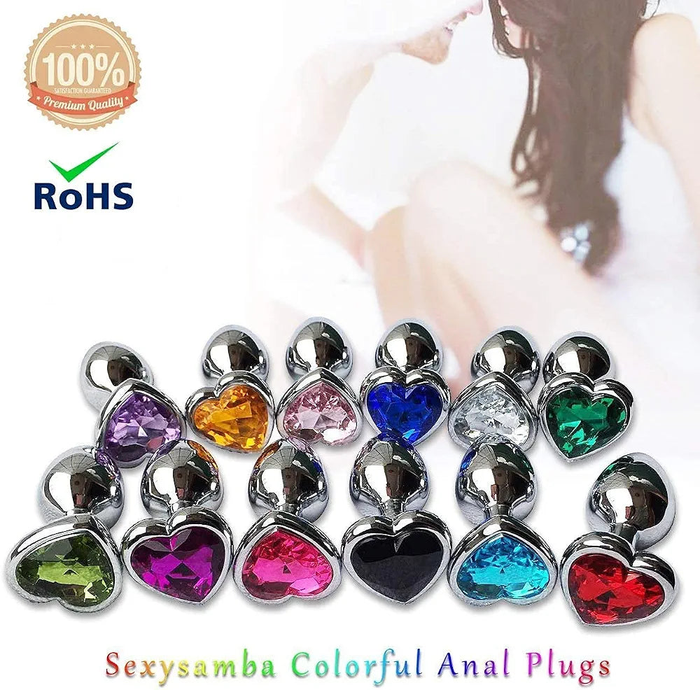 3-Piece Metal Anal Plug Training Kit with Heart-Shaped Jewelry Base - Beginner-Friendly Adult Sex Toy Set (Large, Medium, Small)