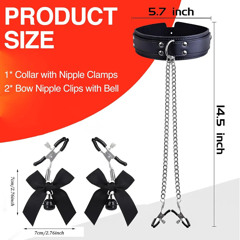 Adjustable Metal Nipple Clamps and Collar Set with Decorative Bells for Sensual Play