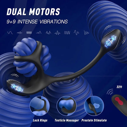 9-Speed Remote Controlled Prostate Massager and Vibrating Penis Ring for Men