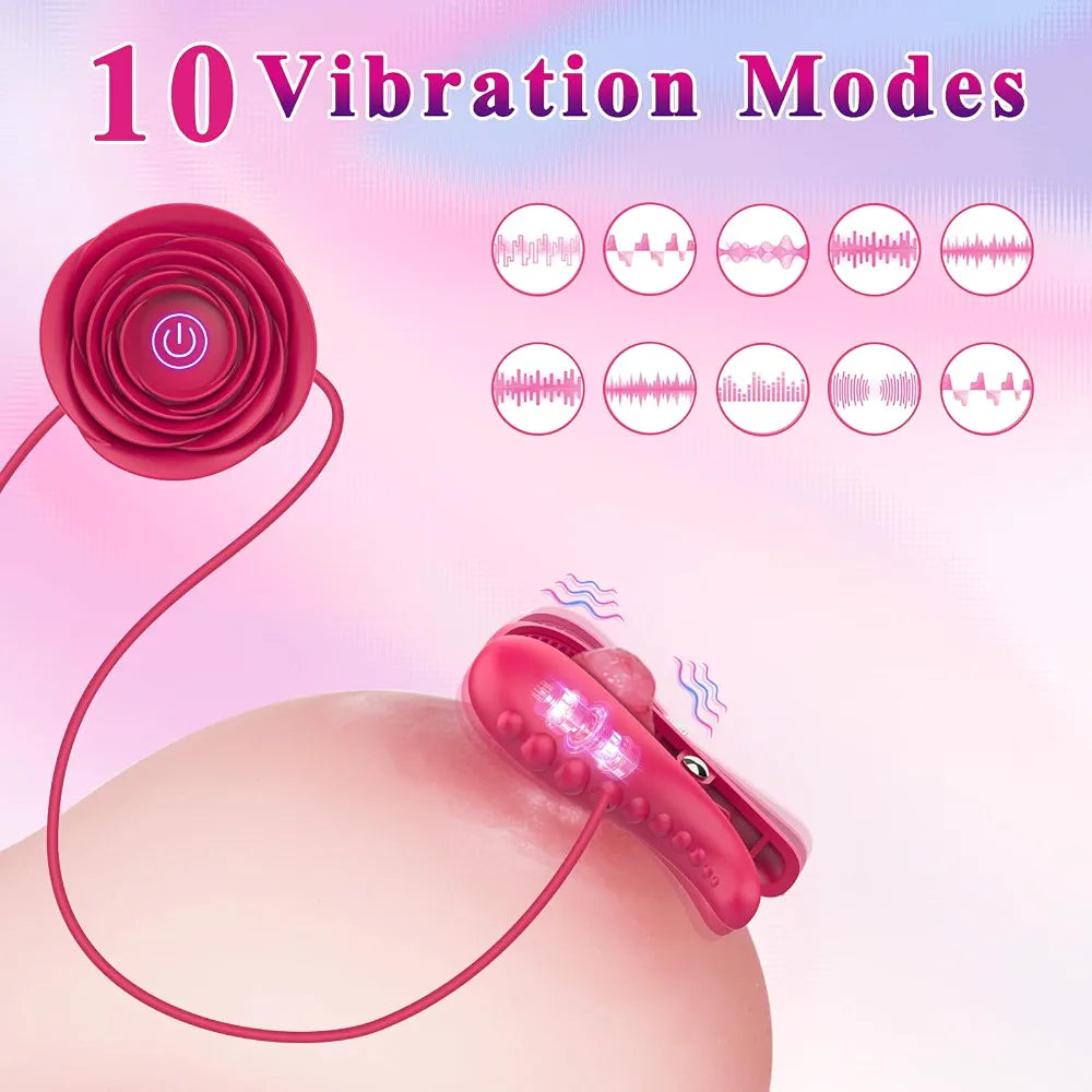 Adjustable Nipple Clamps with Vibrating Rose Pendant and BDSM Choker Necklace for Couples