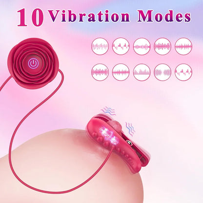 Adjustable Nipple Clamps with Vibrating Rose Pendant and BDSM Choker Necklace for Couples