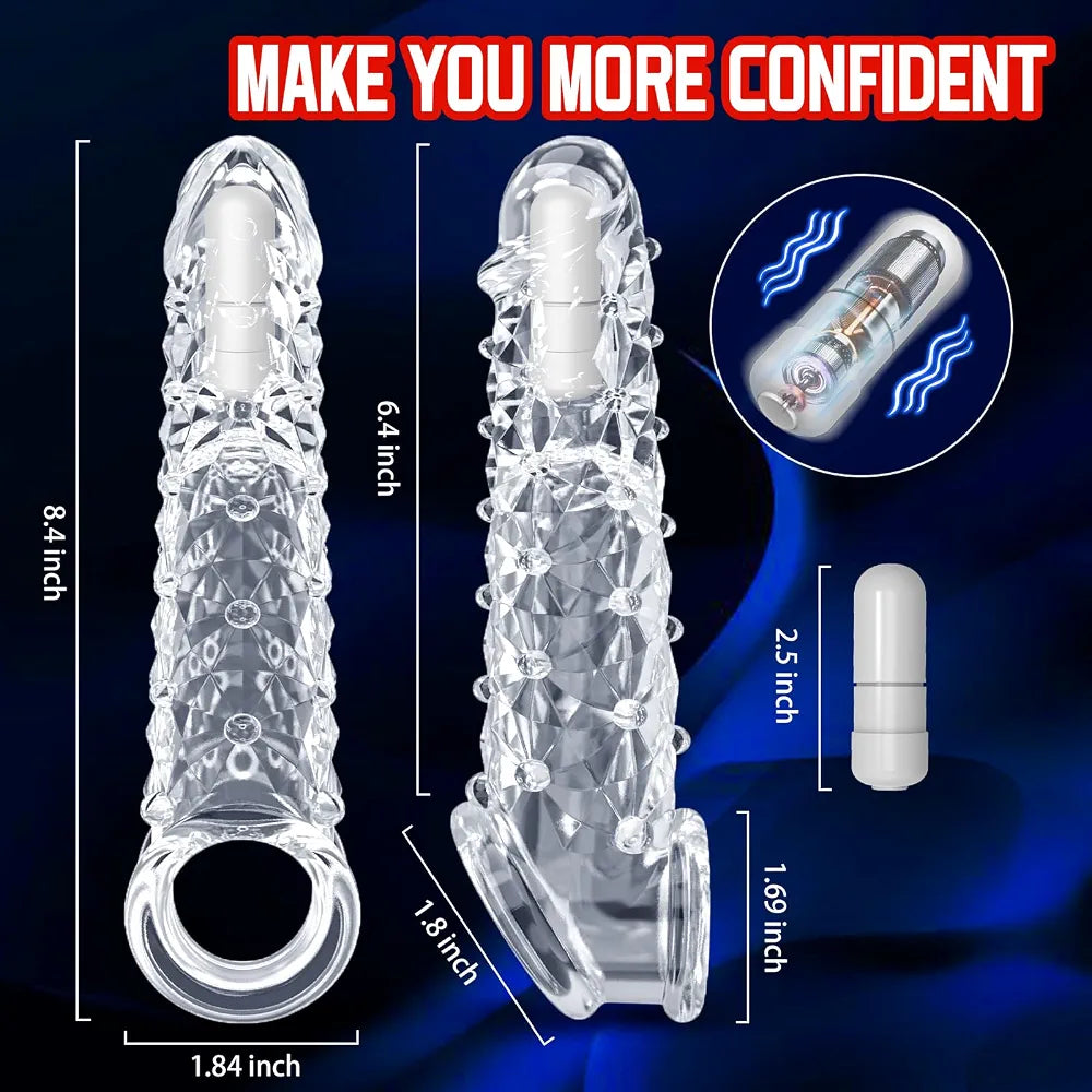 Vibrating Penis Sleeve Extender with Clitoral Stimulator and Textured Surface