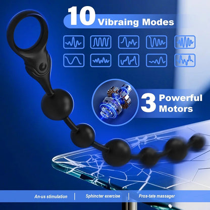 12-Inch Silicone Vibrating Anal Bead Plug with 10 Modes and Triple Motors
