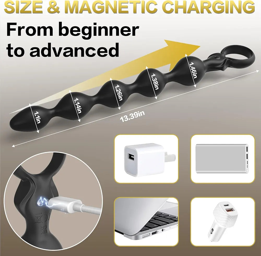 13.1-Inch Rechargeable Silicone Anal Bead Prostate Massager with 10 Vibration Modes