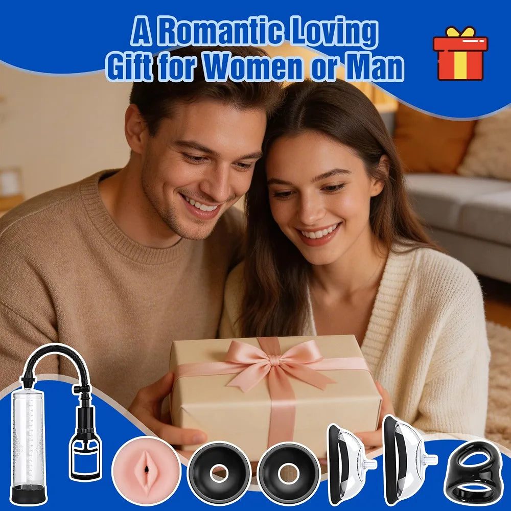 2-in-1 Manual Vacuum Penis and Clitoral Pump Kit with Cock Ring and Masturbator