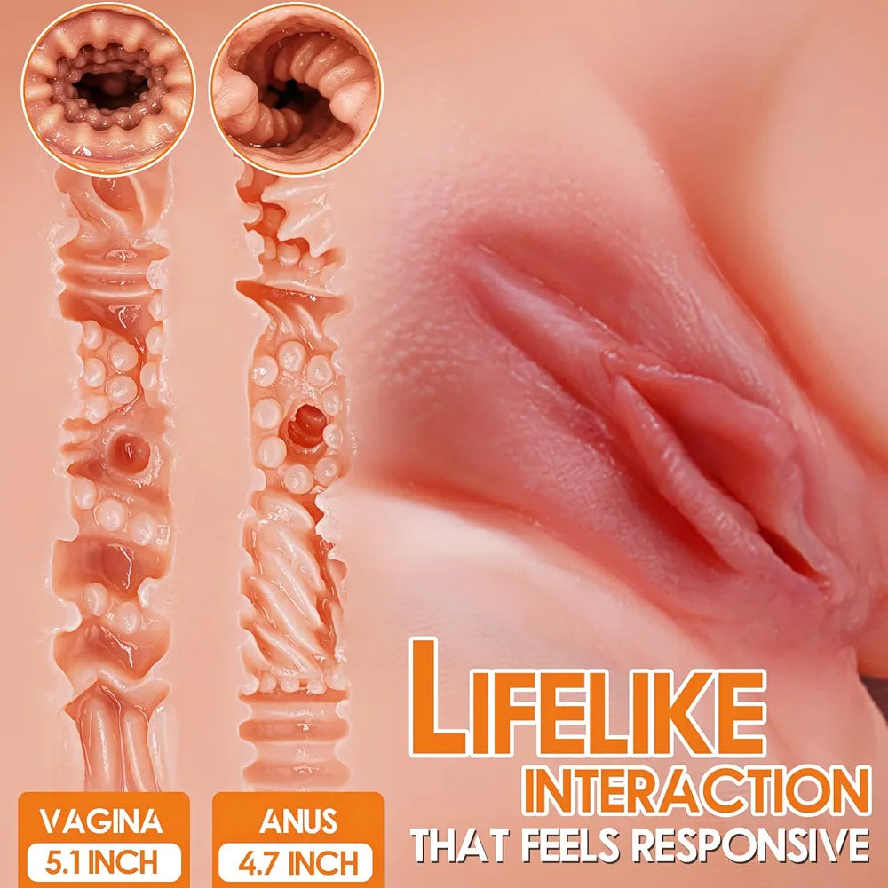 Realistic Male Torso Masturbator with Dual-Entry Vagina and Anal Channels, Featuring Soft-Touch Skin and Internal Skeleton
