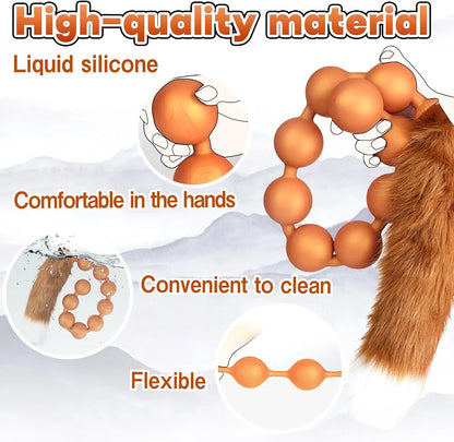 Black Silicone Anal Bead Chain with Detachable Fox Tail Plug for Prostate and G-Spot Stimulation