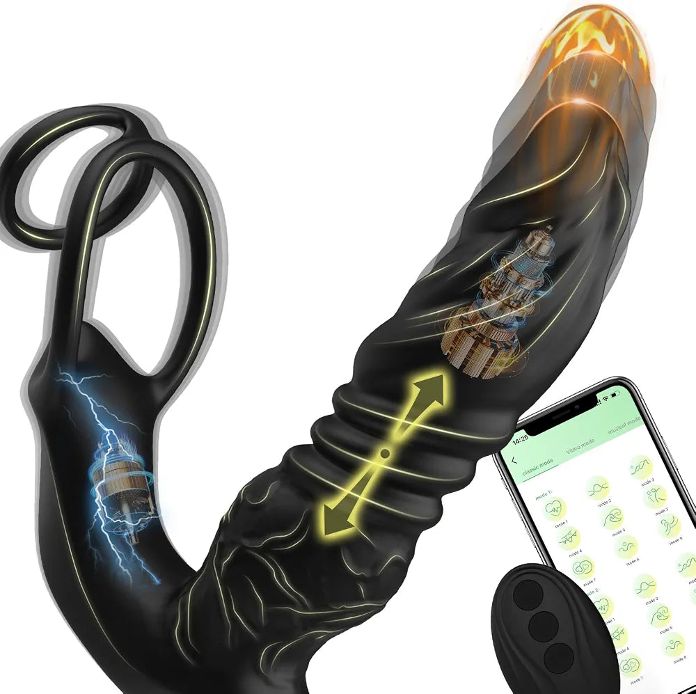 Advanced Dual-Motor Prostate Massager with Thrusting Dildo and App-Controlled Vibrating Cock Ring