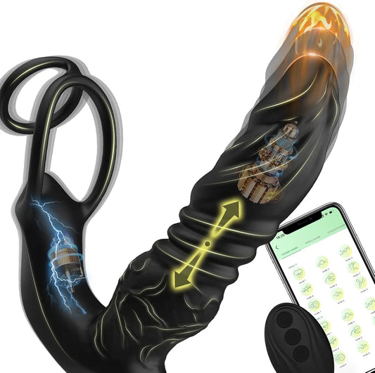 Advanced Dual-Motor Prostate Massager with Thrusting Dildo and App-Controlled Vibrating Cock Ring