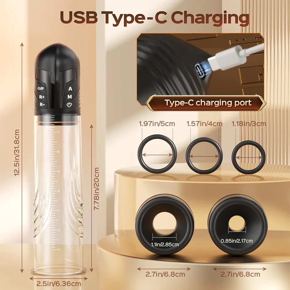 Automatic Electric Penis Pump with 6 Training Modes and 3 Suction Levels, Includes Cock Rings for Enhanced Erection and Vacuum Training