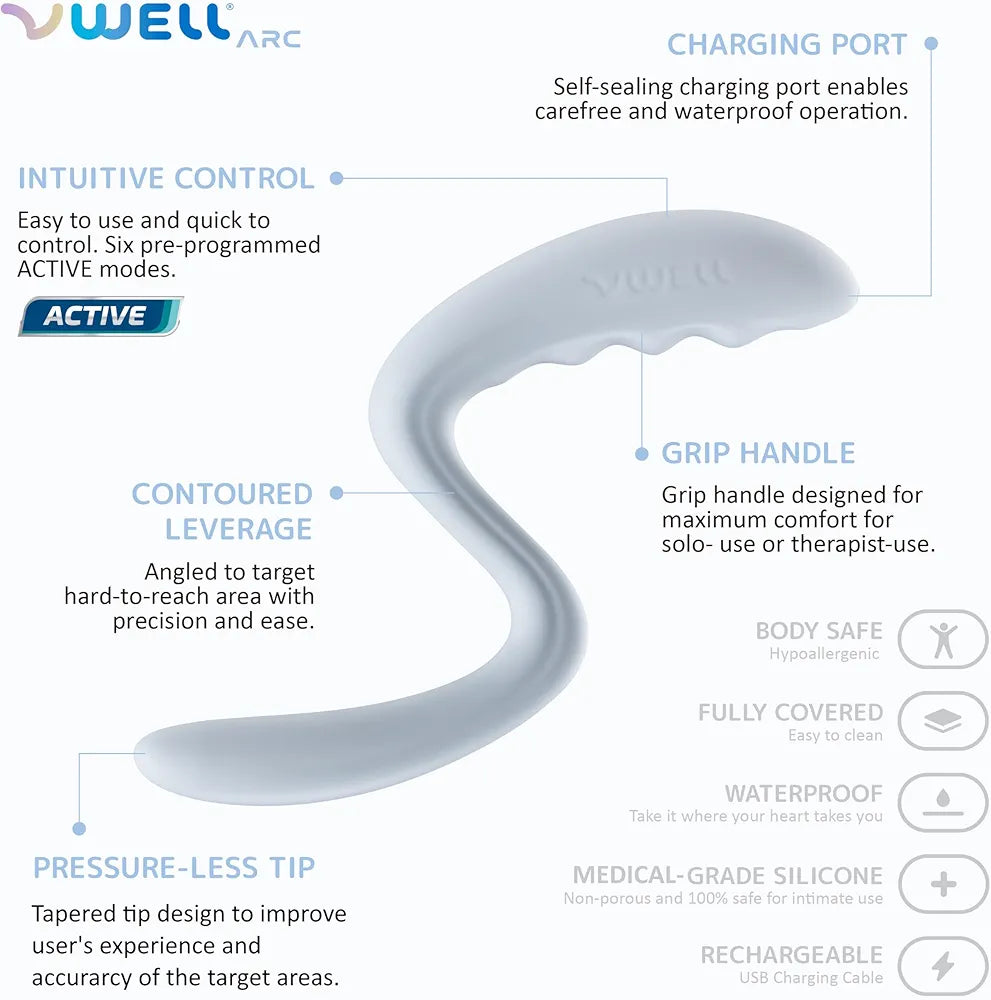 IntiMD VWELL Arc Ergonomic Rechargeable Silicone Vibrating Wand for Therapeutic and Personal Use