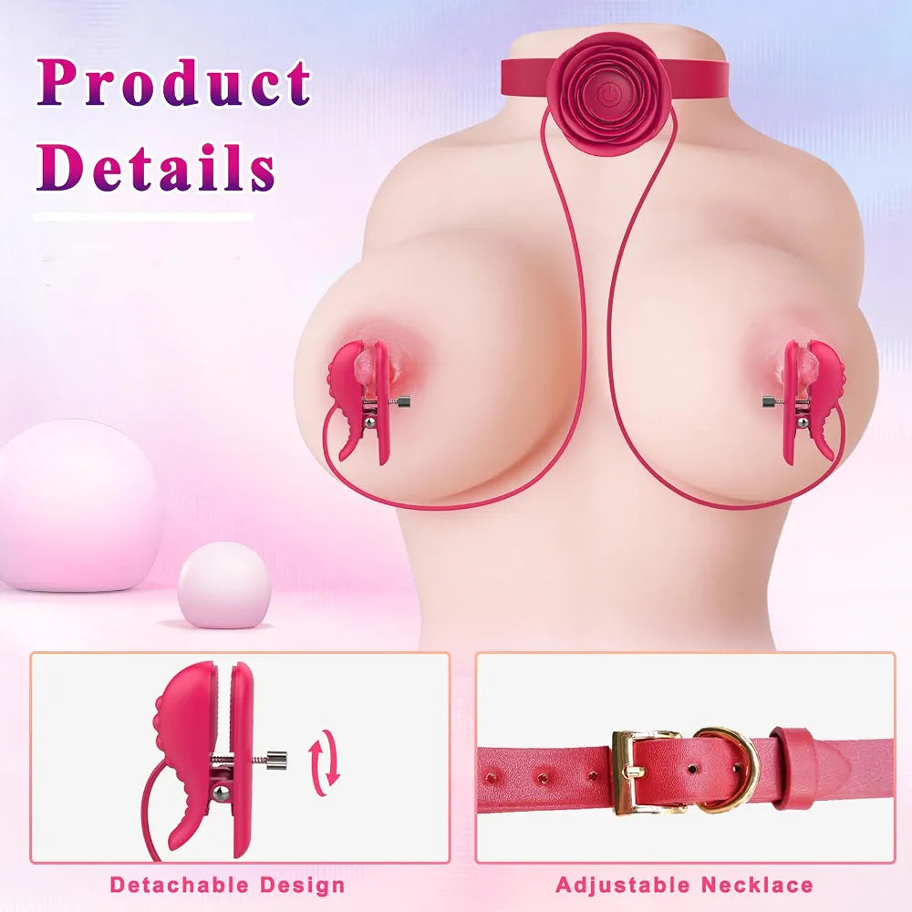 Adjustable Nipple Clamps with Vibrating Rose Pendant and BDSM Choker Necklace for Couples