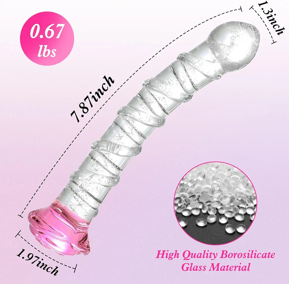 8-Inch Curved Ribbed Borosilicate Glass Dildo with Glow-in-the-Dark Wand for Women and Couples