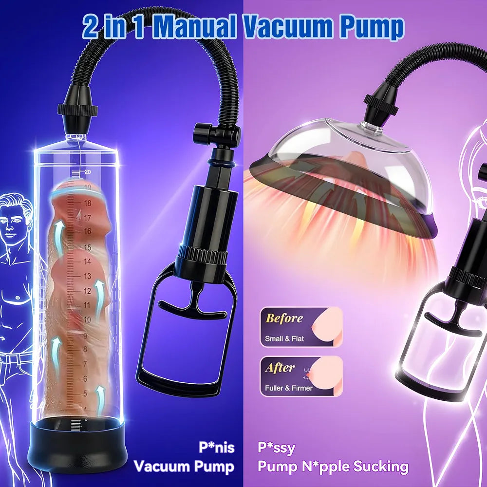 2-in-1 Manual Vacuum Penis and Clitoral Pump Kit with Cock Ring and Masturbator