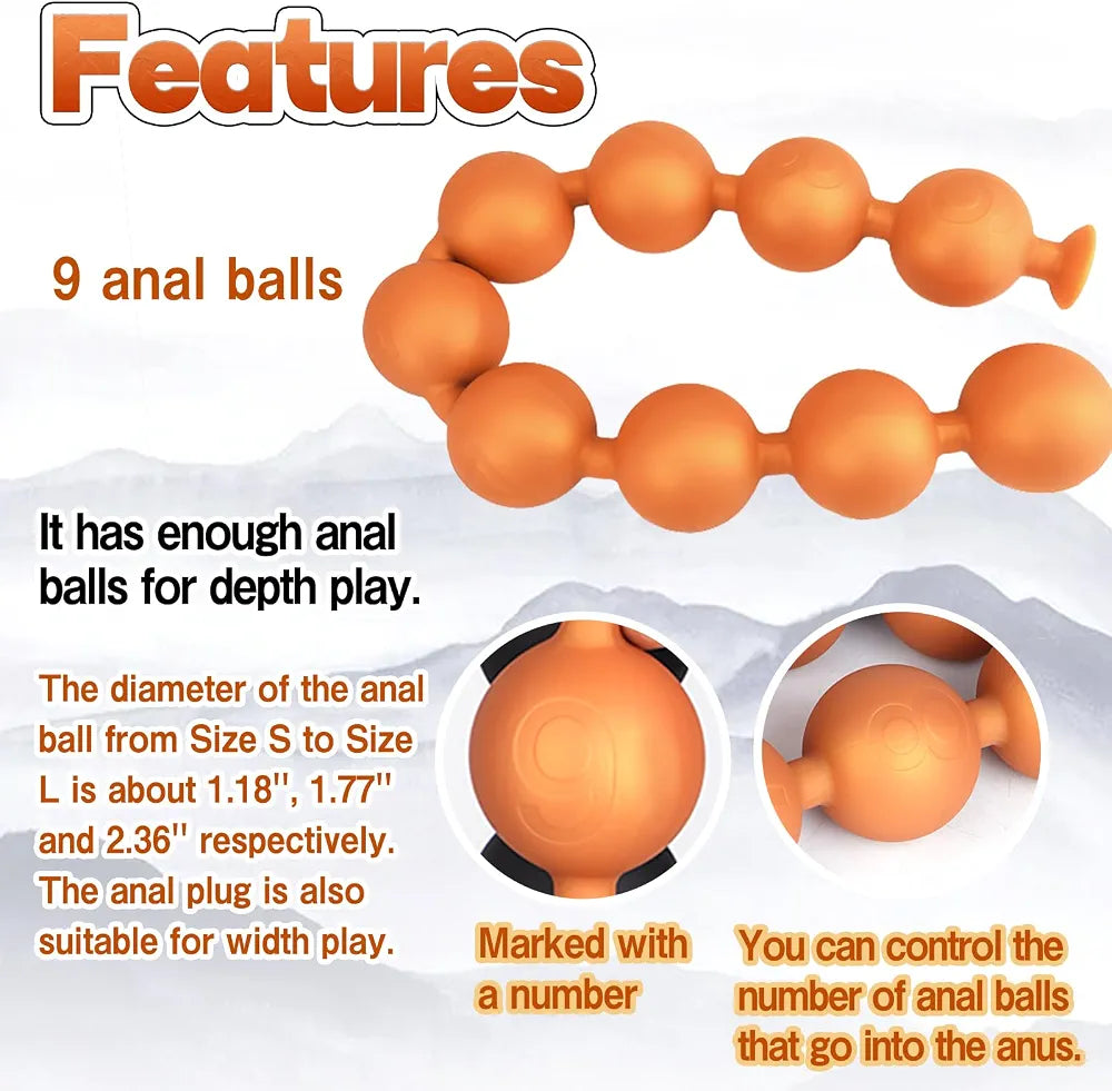 Black Silicone Anal Bead Chain with Detachable Fox Tail Plug for Prostate and G-Spot Stimulation