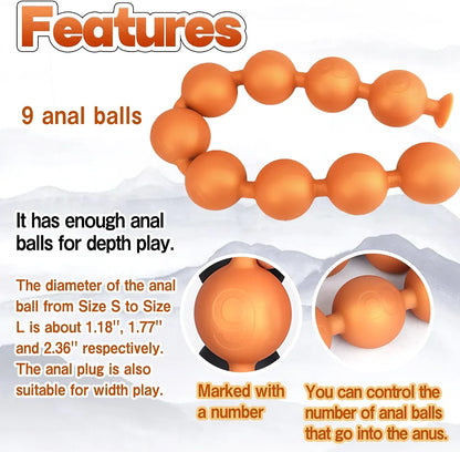 Black Silicone Anal Bead Chain with Detachable Fox Tail Plug for Prostate and G-Spot Stimulation