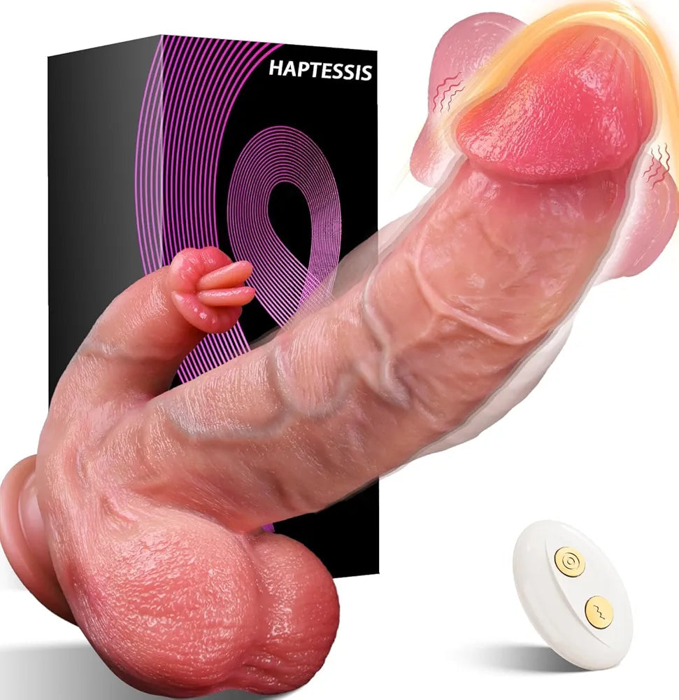 Lifelike Heated Curved Thrusting & Licking Vibrating Dildo with Suction Cup for G-Spot and Anal Stimulation