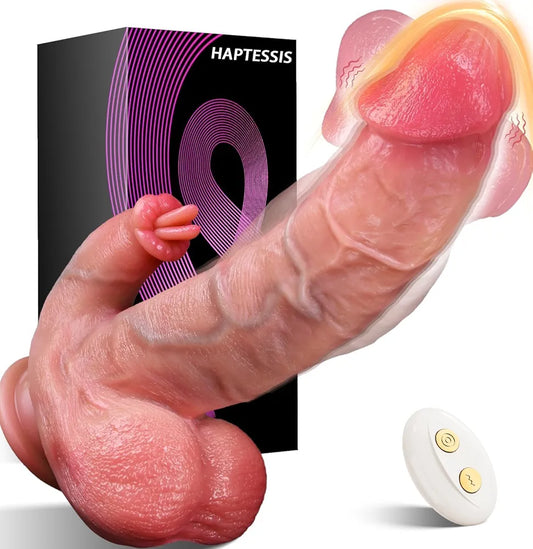 Lifelike Heated Curved Thrusting & Licking Vibrating Dildo with Suction Cup for G-Spot and Anal Stimulation