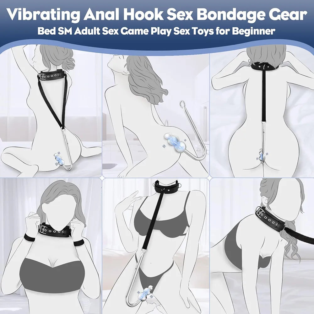 9-Mode Vibrating Anal Hook Plug with BDSM Restraint Chain and Collar