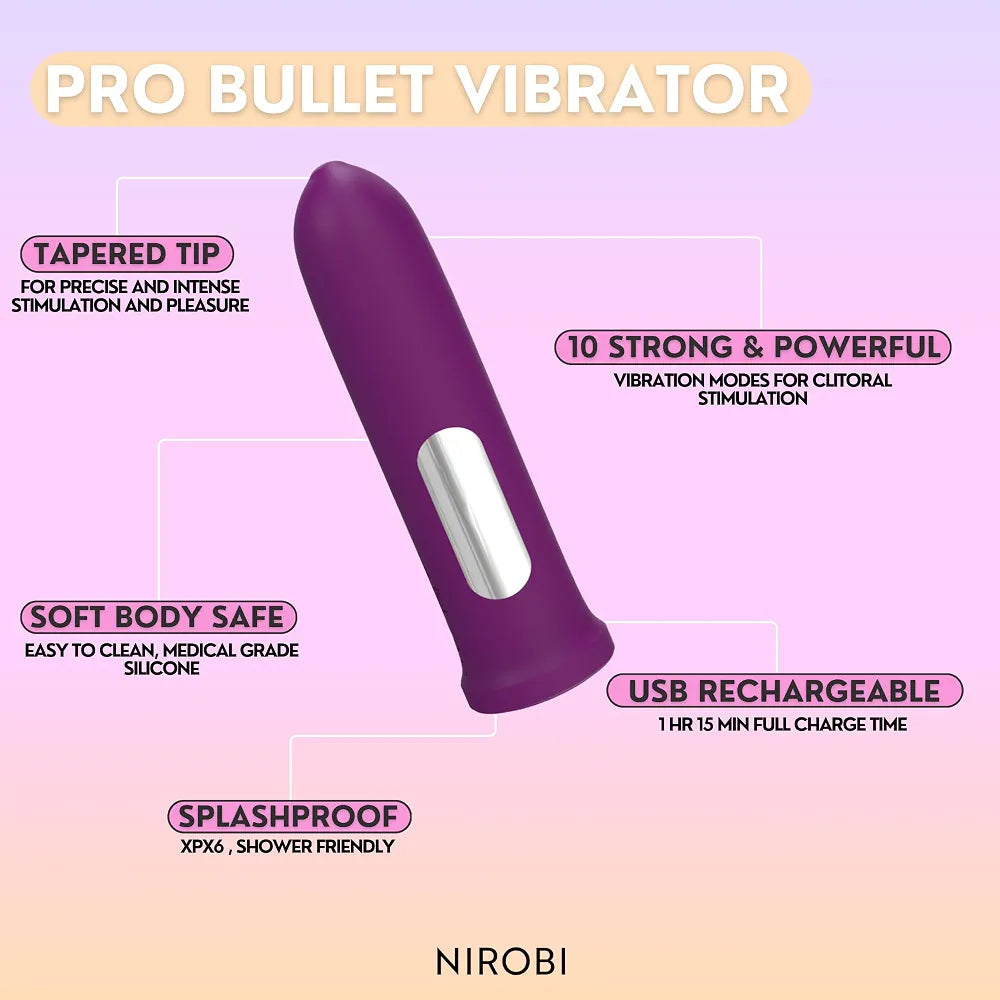 Nirobi Pro Rechargeable Silicone Bullet Massager - 10-Mode Waterproof G-Spot Vibrator