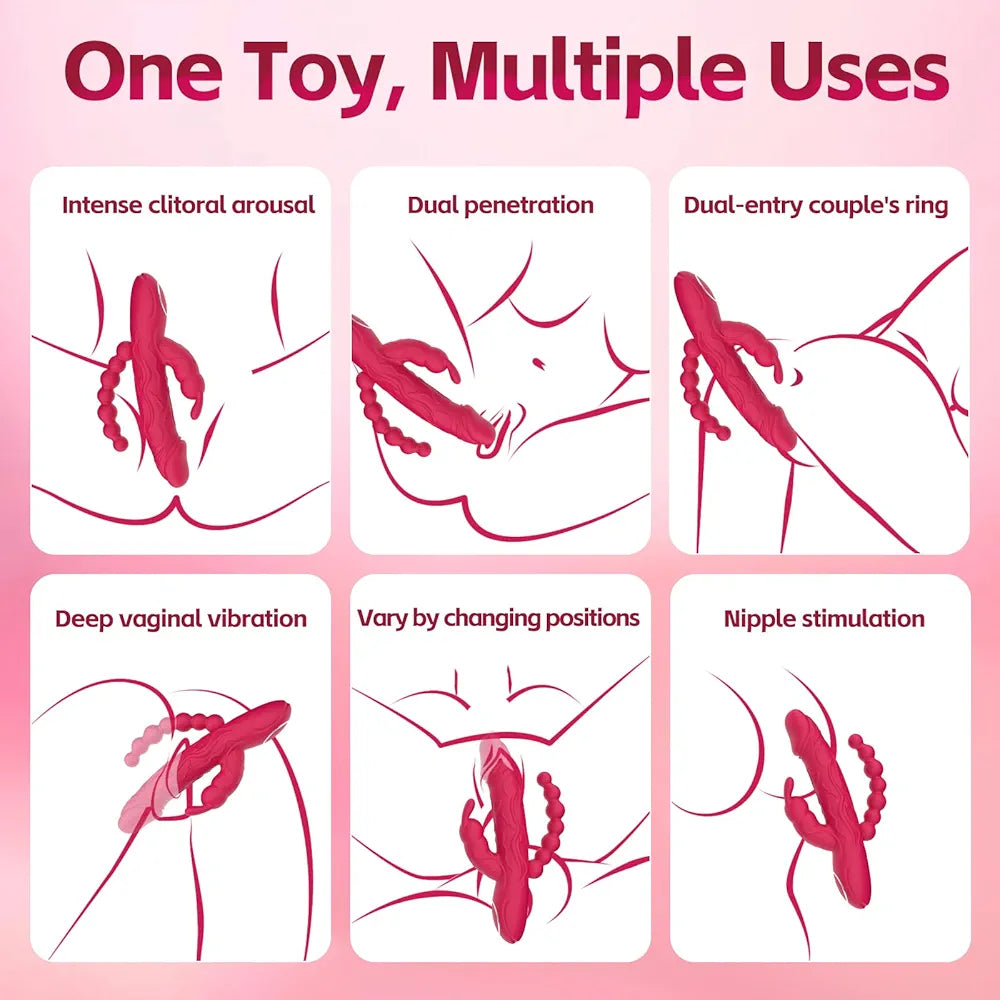 3-in-1 Rabbit G-Spot Vibrator with Anal Beads and 10 Vibration Modes - Silicone Clitoral and Nipple Stimulator for Women