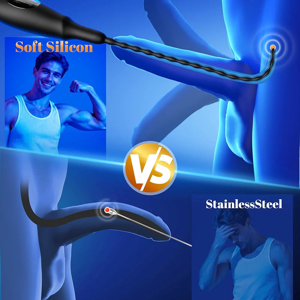 9-Mode Silicone Urethral Vibrating Sounding Rod with LED - Prostate Stimulator BDSM Sex Toy for Men