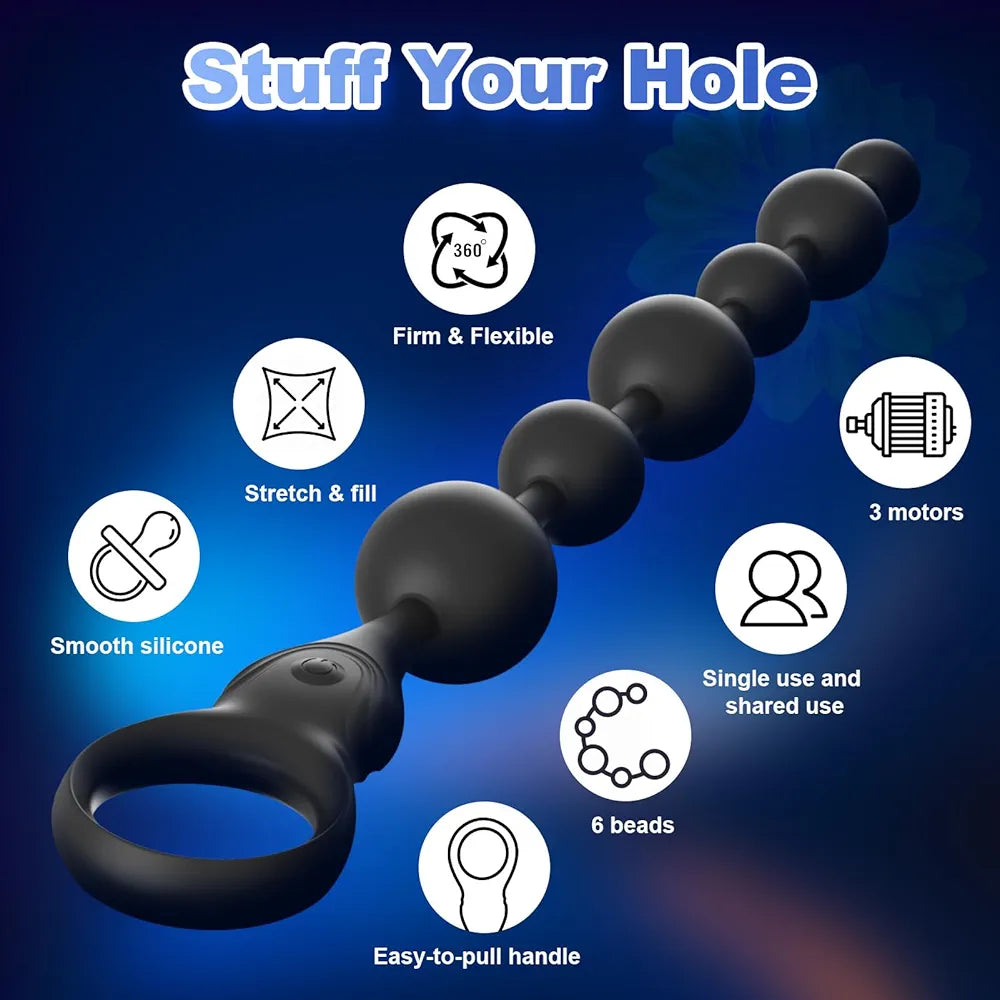 12-Inch Silicone Vibrating Anal Bead Plug with 10 Modes and Triple Motors