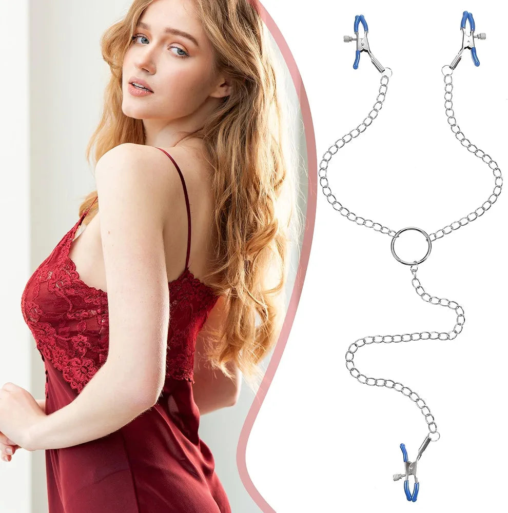 Blue Silicone-Padded Non-Piercing Nipple Clamp Y-Chain Body Jewelry