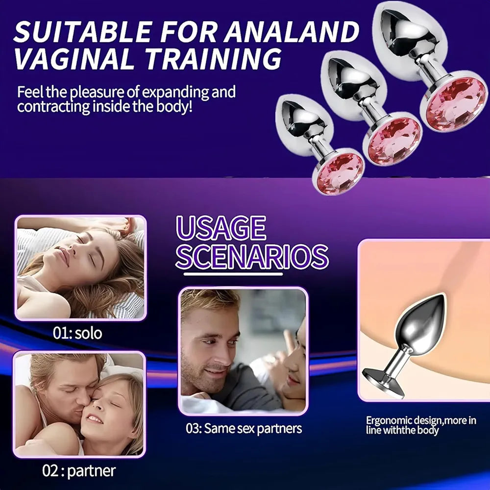 3-Piece Stainless Steel Anal Training Plug Set with Decorative Crystal Accents