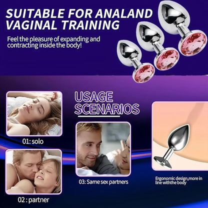 3-Piece Stainless Steel Anal Training Plug Set with Decorative Crystal Accents