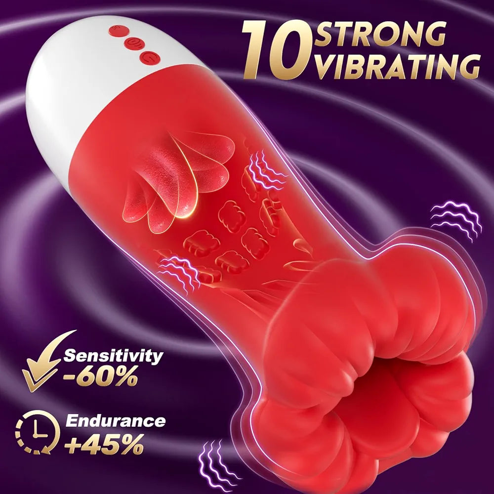 Baiwatt Squeezable Male Masturbator Sleeve with 3 Sucking and 10 Licking Vibration Modes