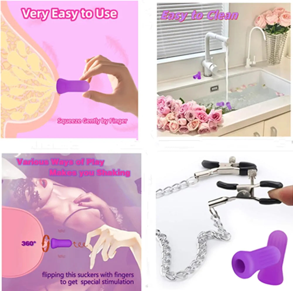 Adjustable Metal Nipple Clamps with Decorative Chain - Non-Piercing Body Jewelry