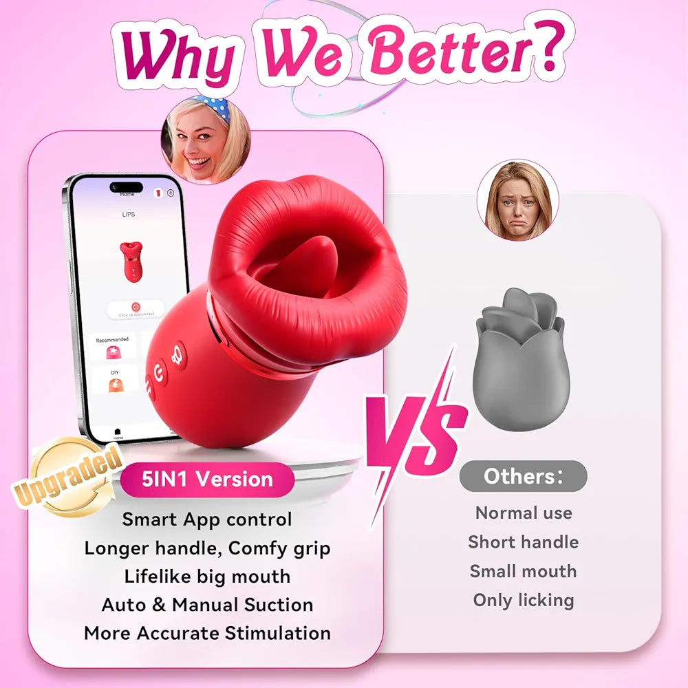 Sovokn 5-in-1 Rose Sucking Vibrator with App Control, 10 Tongue Licking Modes, and 4 Sucking Functions for Couples