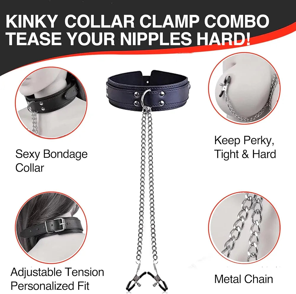 Adjustable Metal Nipple Clamps and Collar Set with Decorative Bells for Sensual Play