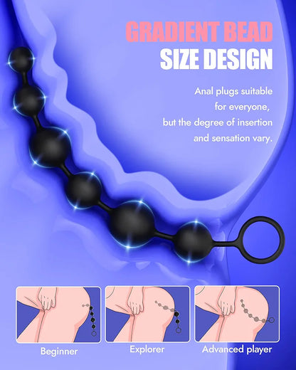 Silicone Anal Bead Plug with 6 Graduated Spheres for Prostate Stimulation and BDSM Play